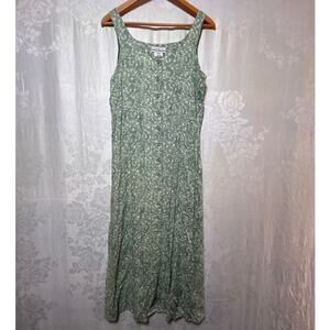VTG Midi Shirt Dress 10 Green Floral Tie Cottagecore Y2K Sleeveless Button Front